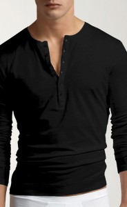 Long sleeved black shirt. The buttons give it enough style to be worn on its own or you can layer it with a vest or jacket. 