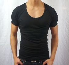 Basic black deep crew-neck Tee. This guy is trying too hard to be sexy. Leave the deep crew-necks for the women, they look too try-hard on guys. The shirt is also too tight, especially the sleeves.