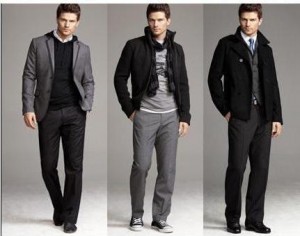 Black and gray slacks. Slacks should be fitted with enough give that they don't look too tight. It is good to have at least one pair in your closet for dressy occasions. Black is the most versatile.   