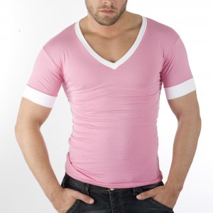     This shirt is obviously too tight. When shirts are this tight they don't show off your physique, they make you look try hard. And pink is okay on guys but not in tight, deep V-necks with white accents. This looks feminine.