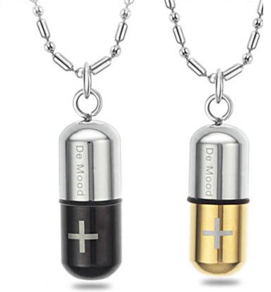 Stainless steel capsule necklace. This is a cool, new necklace. It isn't too much but different enough to add interest to your outfit. You can wear it with other pieces like the dog tags or cross. 