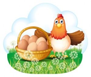 A hen with eggs in a basket