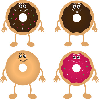 Four isolated donut cartoon characters